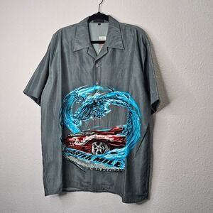 Big Brother Men XXL Grey Quarter Mile Race Car Dragon Graphic Button Down Shirt